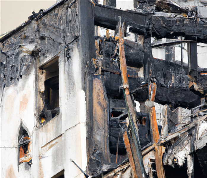 fire damaged hi-rise building exterior